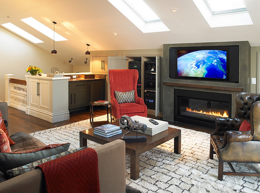 Skylights and a hint of color enliven this attic living space