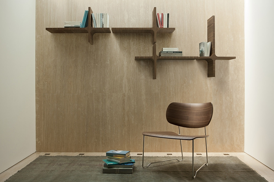 Sleek wall mounted bookshelves are ideal for the small, modern home