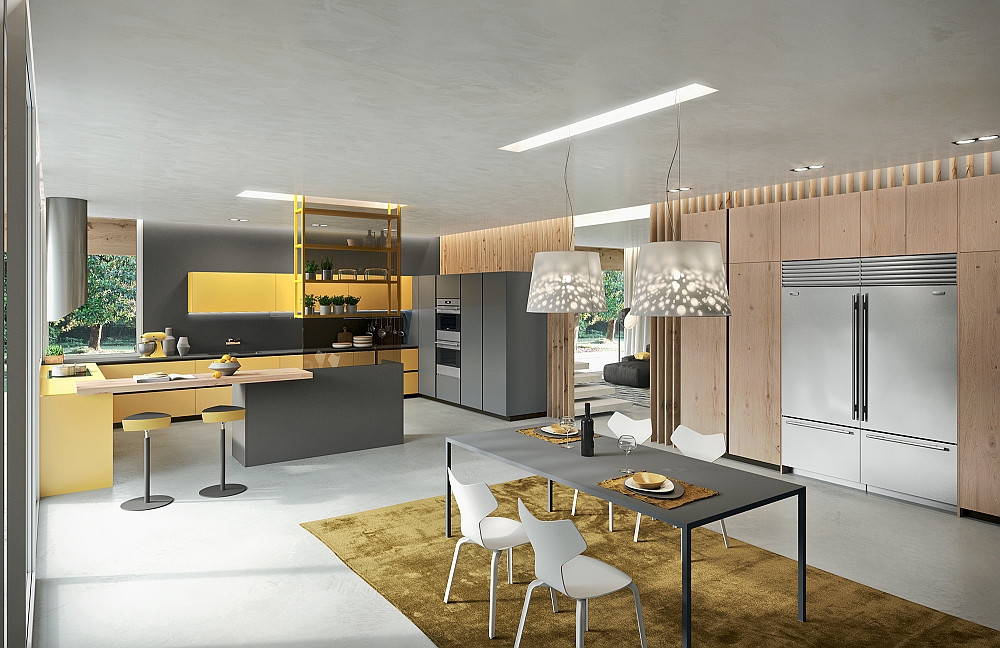 Smart dining area and kitchen composition in yellow and grey