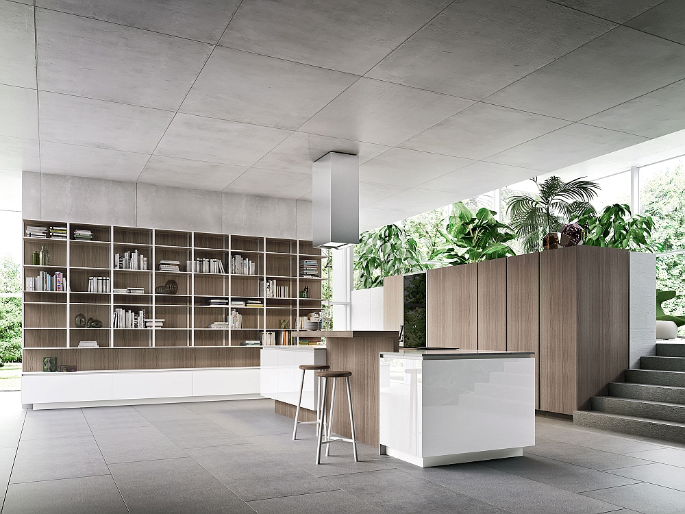 Smart modern kitchen in high-gloss arctic white and Mink elm wood