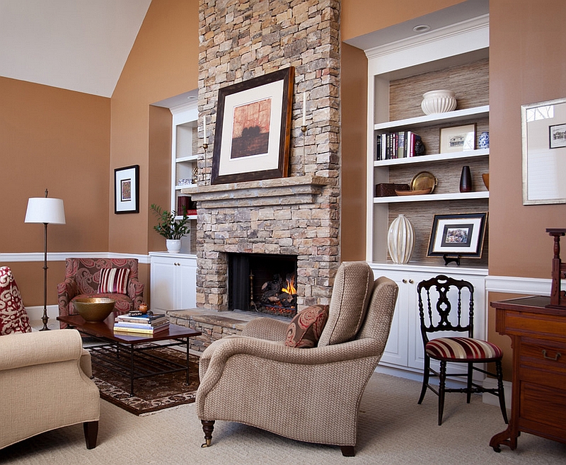 Smart use of grasscloth for the living room shelves