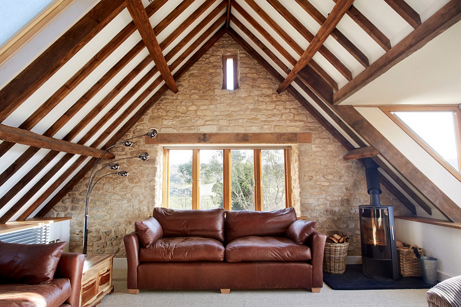 Snug attic living room of a renovated old barn