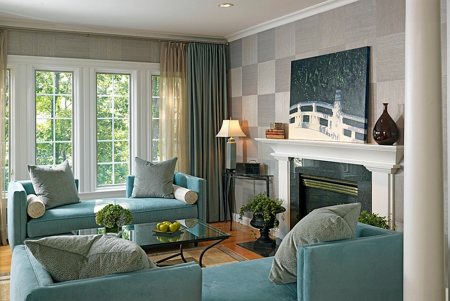 Squares of grasscloth applied in a checkboard pattern [Design: Laurie Gorelick Interiors]