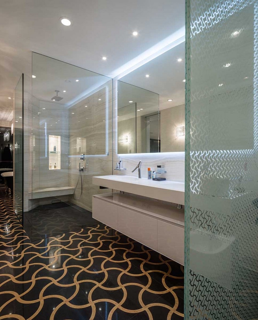 Stylish bathroom with a patterned floor