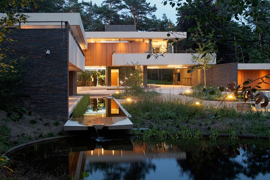 Tranquil reflection pond and brilliant lighting at the villa