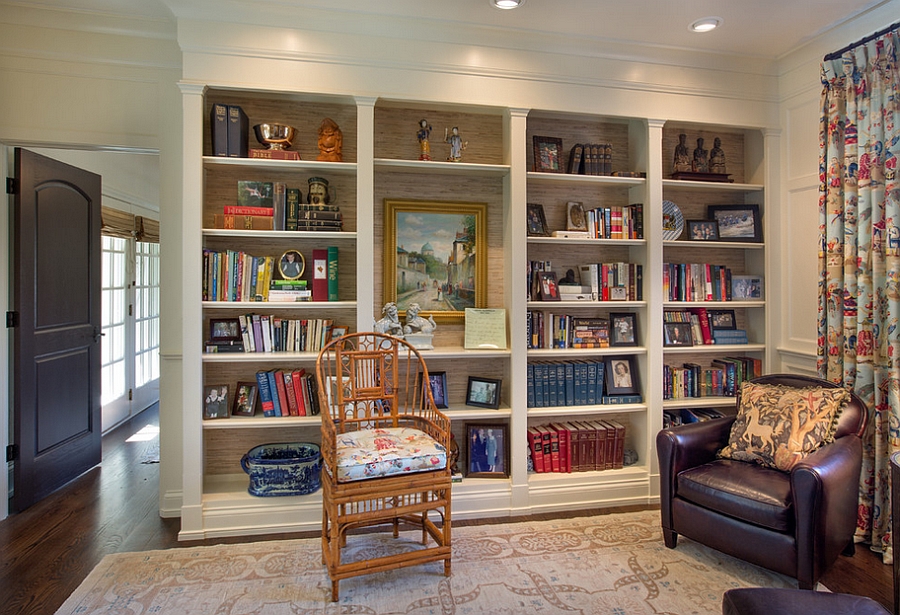 Trendy use of grasscloth in bookshelves