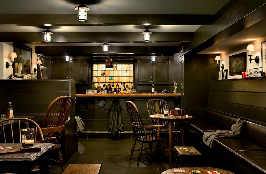 UK Pub inspired basement bar in posh New York home [Design: Crisp Architects]