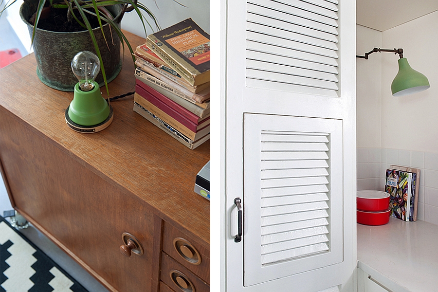 Unique shelves and woodwork transform the old apartment