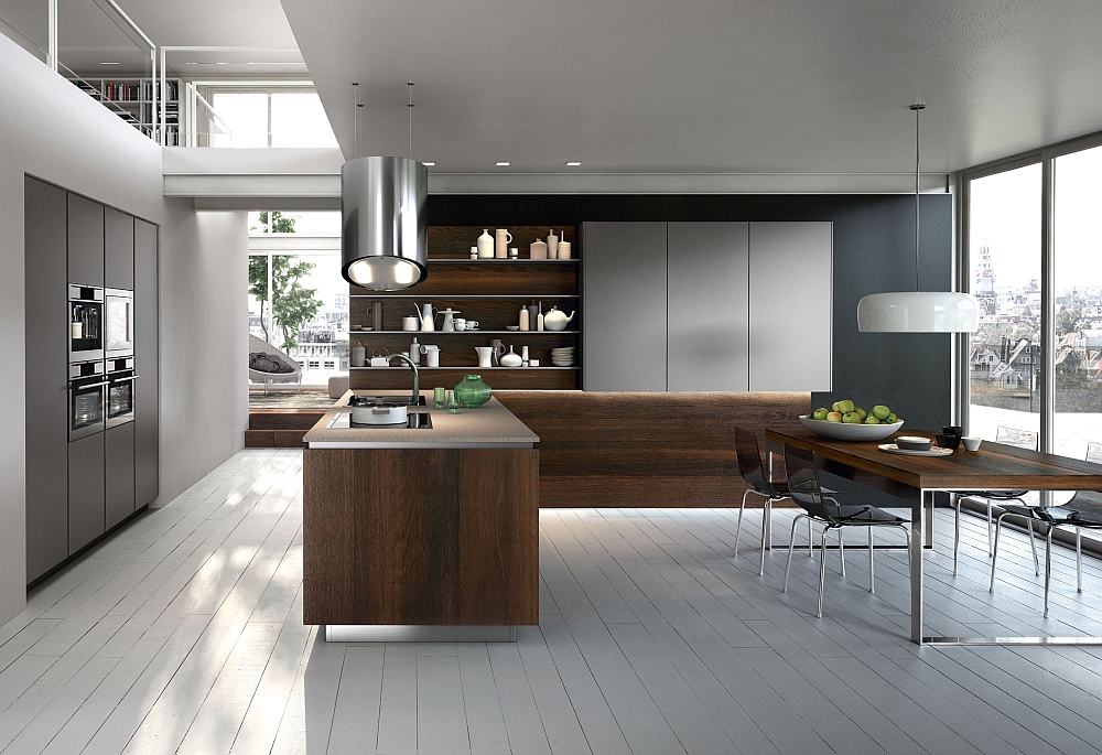 Versatile WAY Kitchen composition in metallized lead grey and smoked oak