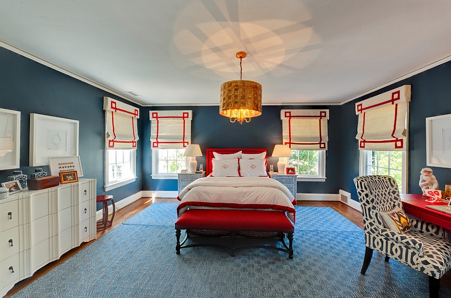 White Bedroom With Blue And Red Decor Accents