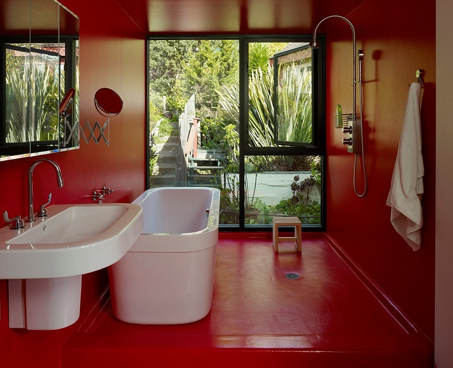 Waterproof-epoxy paint in red for the cool modern bath [Design: AAAarch]