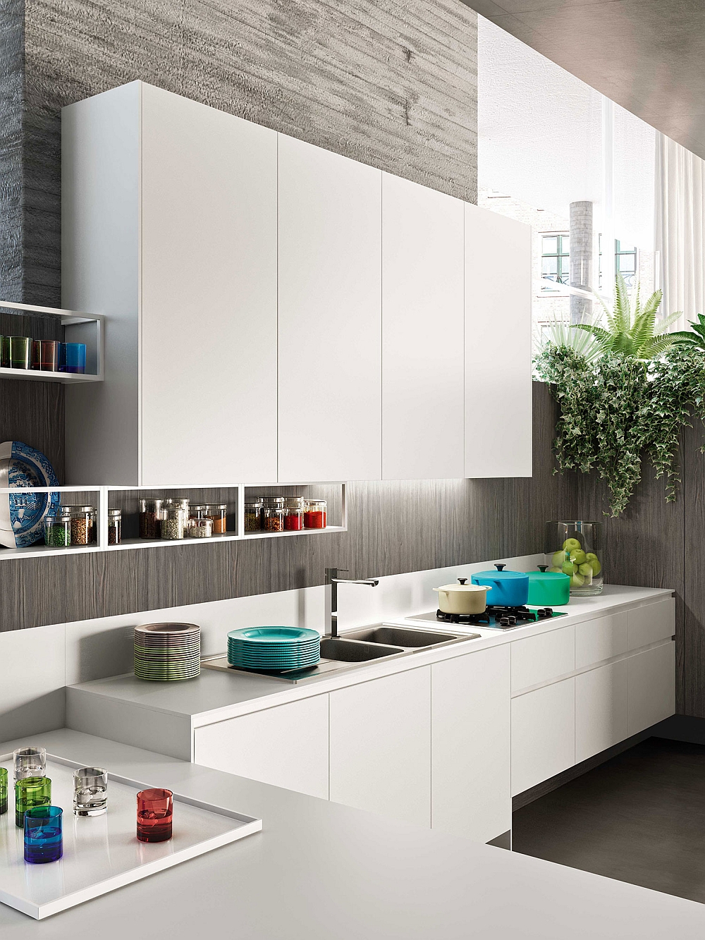 White wall-mounted cabinets make use of vertical space in the kitchen