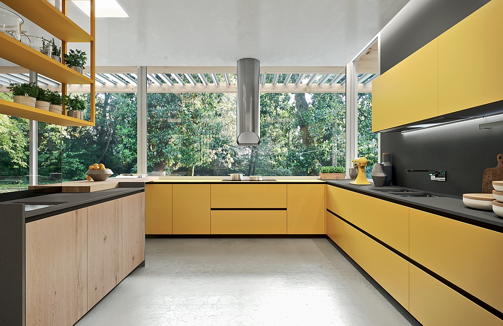 Wonderful use of yellow and grey in the contemporary kitchen