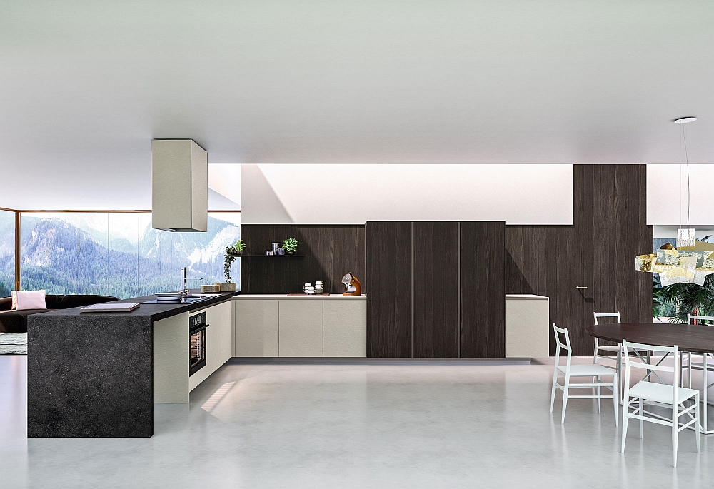 Wooden wall units add a touch of classic elegance to the kitchen