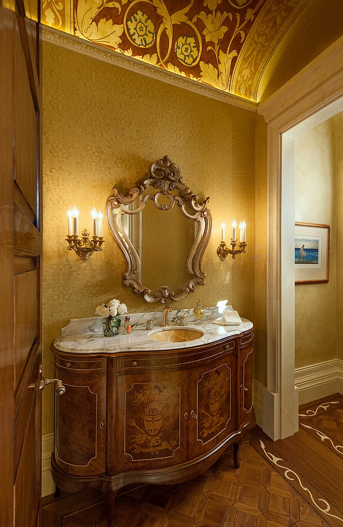 A splash of yellow for the Mediterranean powder room [Design: Giffin & Crane General Contractors]