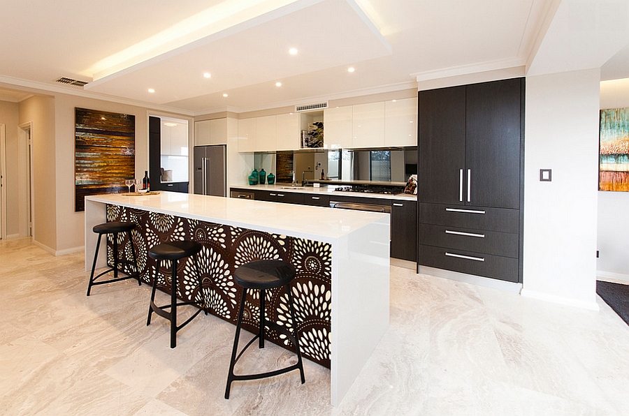 Bold wallpaper pattern enlivens the kitchen island! [Design: Eclipse Homes]