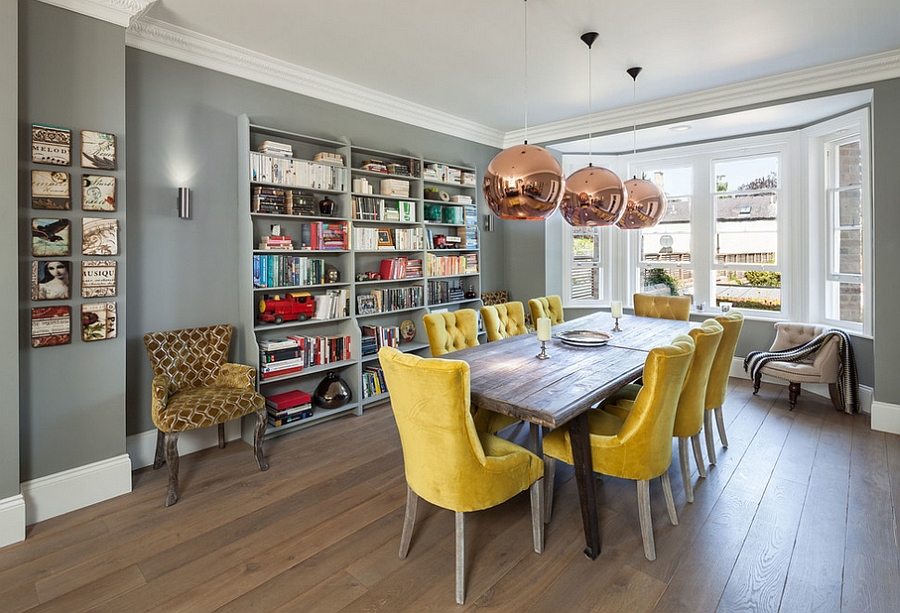 dining room with yellow chairs