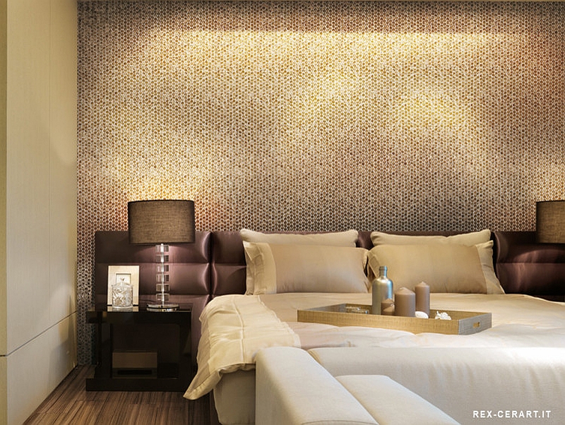 Bedroom accent wall with snazzy penny tiles [From: Ceramiche]