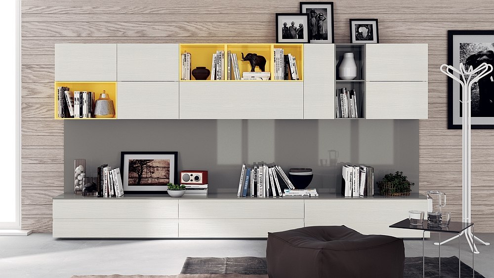 Blend of open and closed units for the dynamic living room wall system