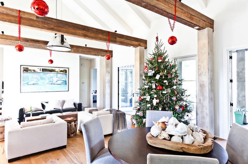 Bright family room with an evergreen tree