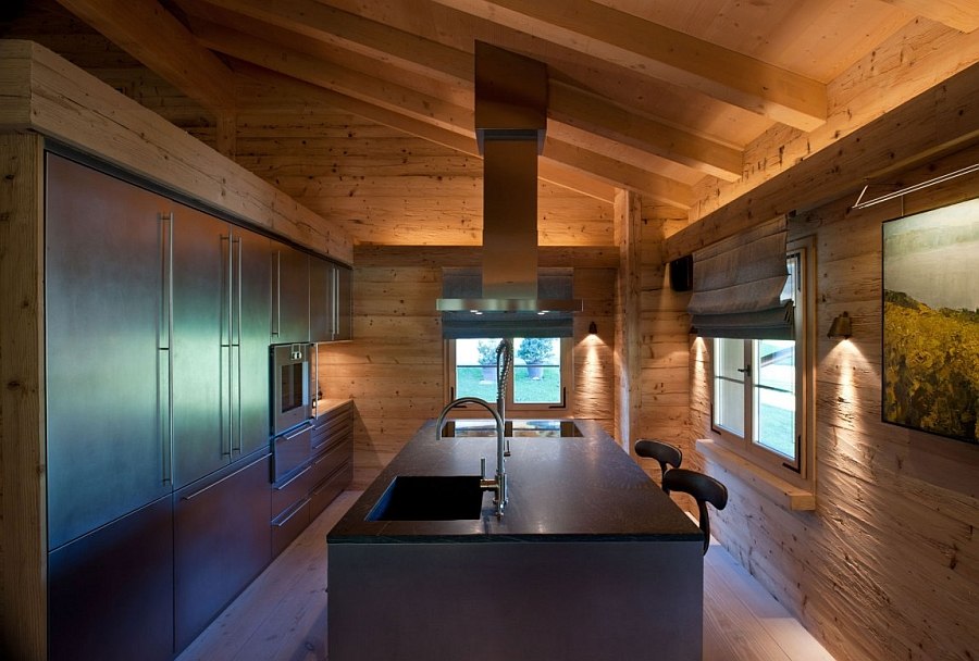 Brushed stainless steel kitchen shelves and stone countertop