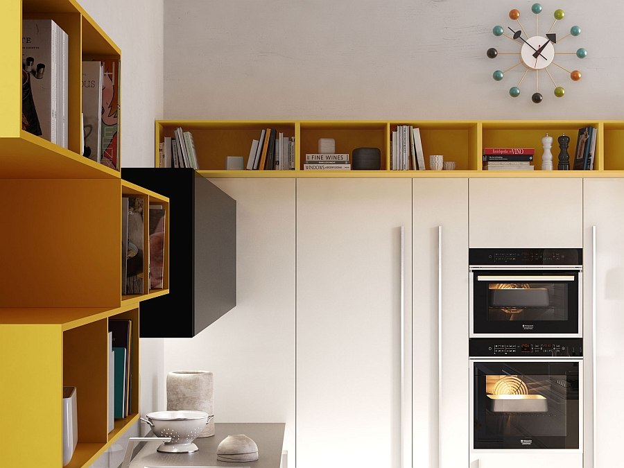 Cabinets add a splash of refreshing yellow to the trendy kitchen