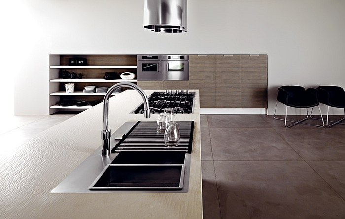 Clay oak cabinets and sleek white surfaces of the Frida kitchen