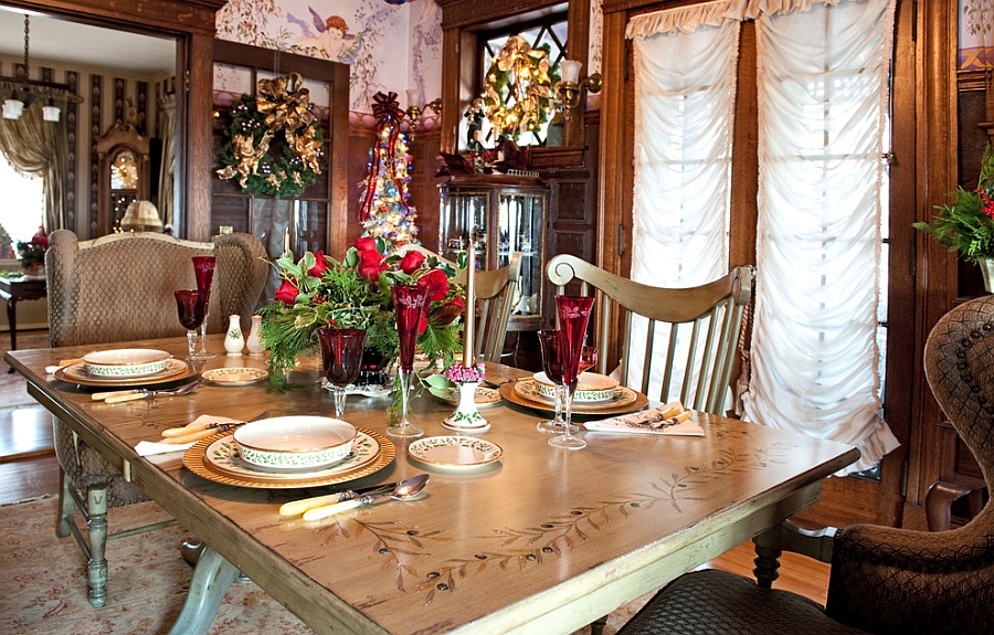 Cleverly placed holiday wreaths add to the appeal of the dining room