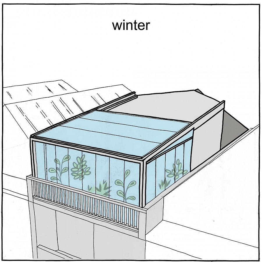 Closed roof terrace configuration in the winter