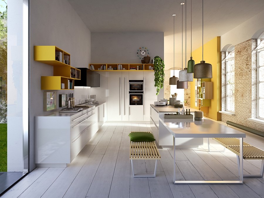 Code with high-gloss lacquered doors and yellow lacquered open units