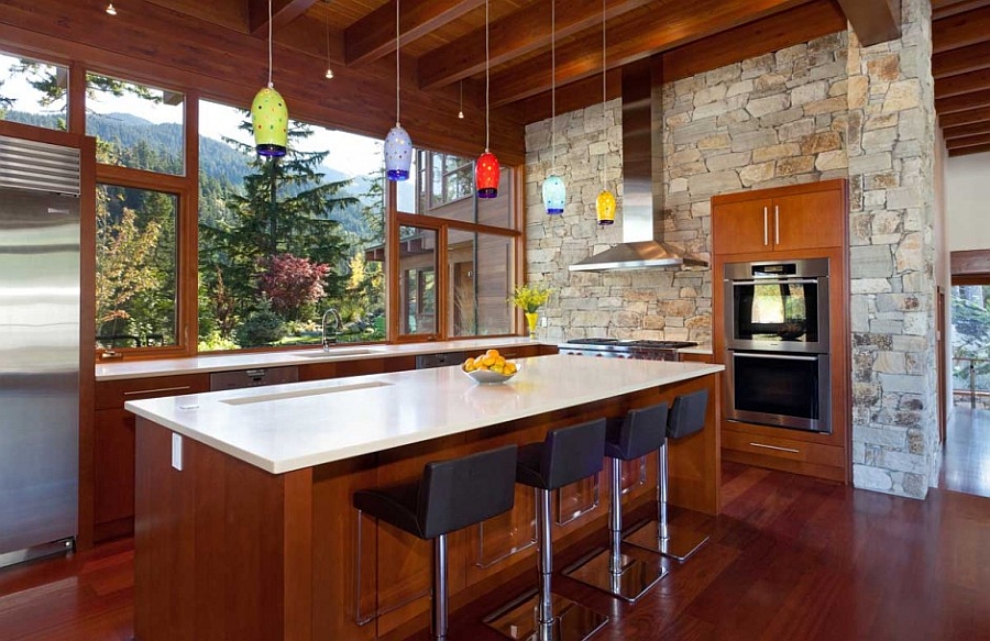 Colorful pendant lights above the kitchen island