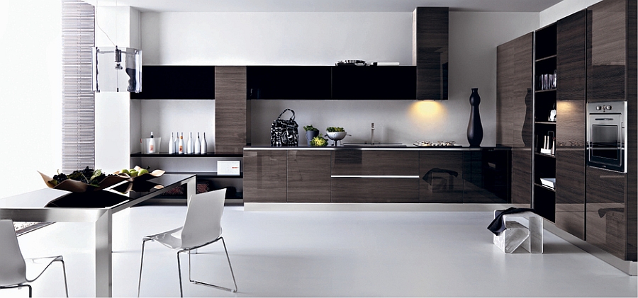 Create a balanced contrast between light and dark tones in the kitchen