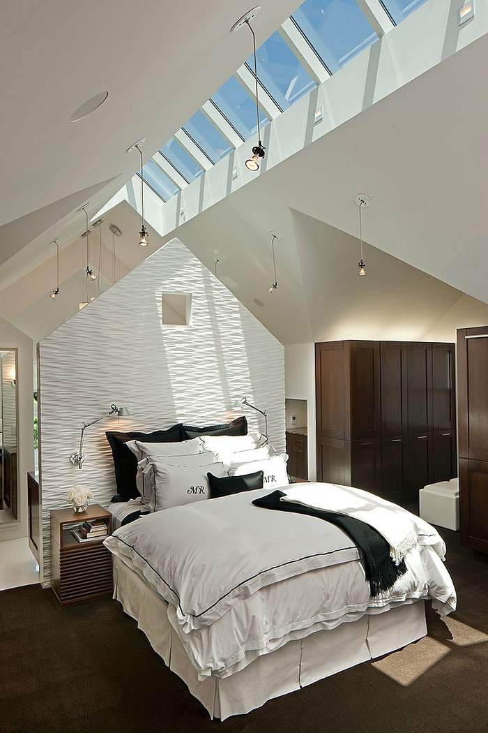 Creative ceiling with skylights enlivens the bedroom