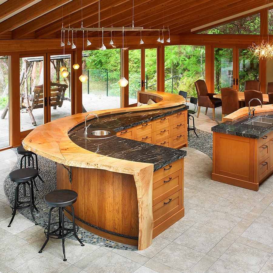 Custom crafted kitchen island turns the kitchen into a cool hangout [Design: The Sky is the Limit Design]