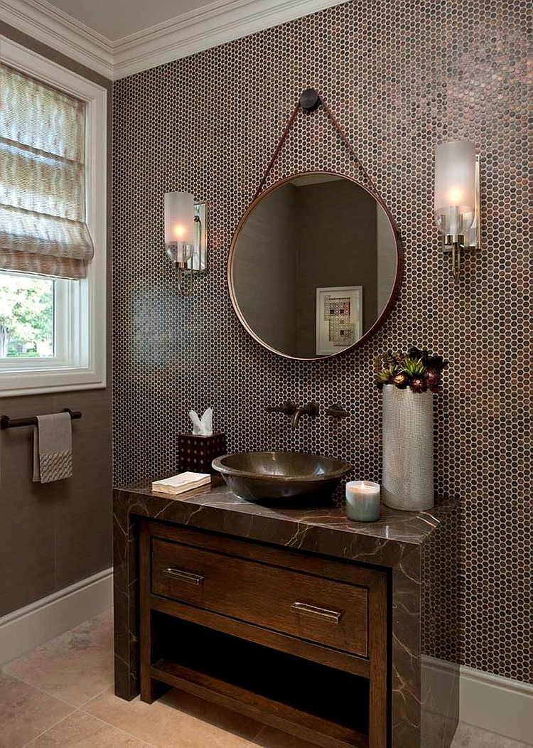 Custom made vanity adds to the glamor of the small bathroom