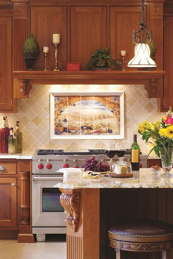 Custom tile wall mural brings the backsplash alive! [Design: Cameo Kitchens]