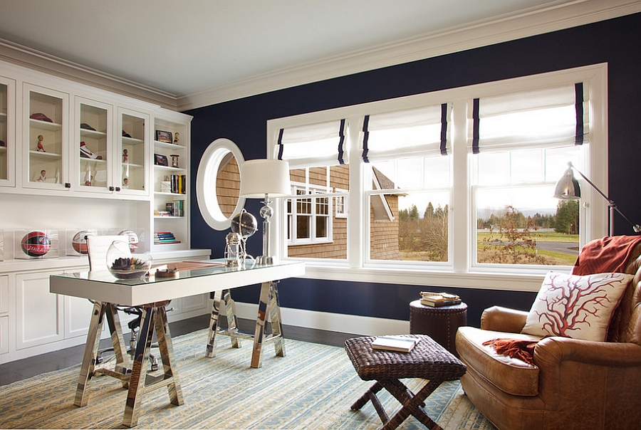 Dark blue walls bring chic elegance to the stylish home office [Design: Garrison Hullinger Interior Design]