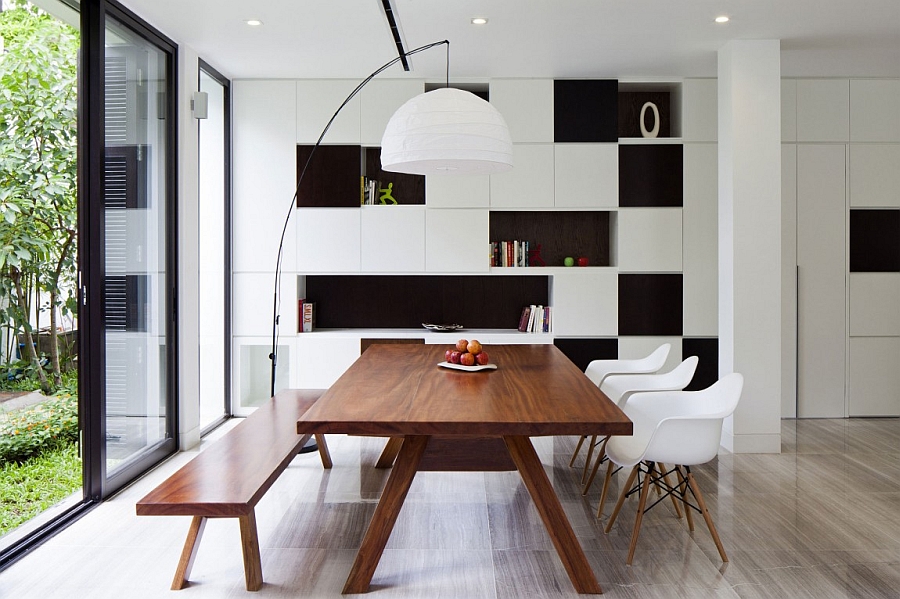 Elegant dining space with black and white backdrop