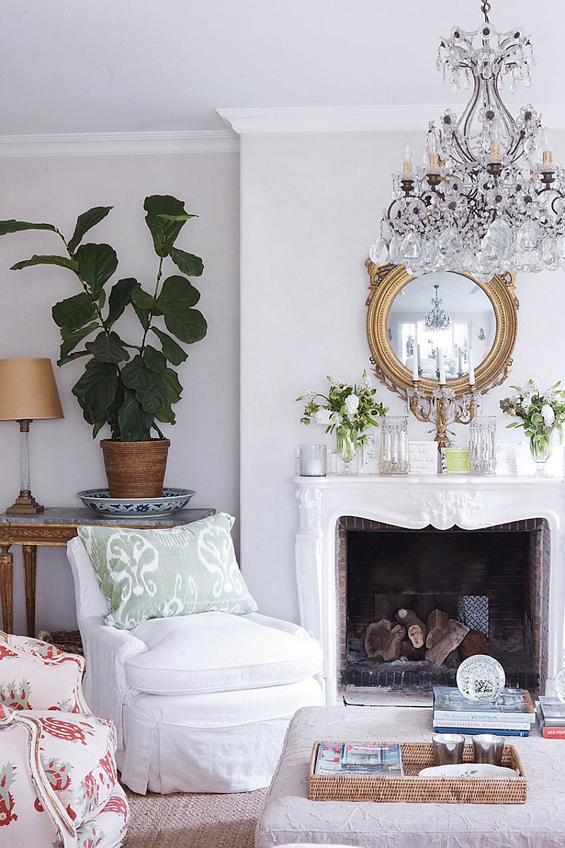 Fireplace mantel decorating idea and a sparkling chandelier