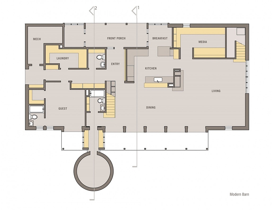 Floor plan of the lower level of the loft-like barn house