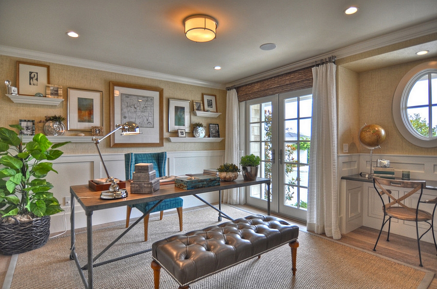 Grasscloth adds lovely texture to the beautiful beach style home office [From: Spinnaker Development]