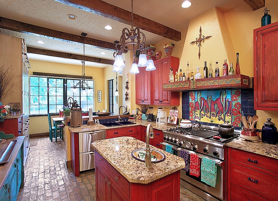 Hand-painted tiles give the kitchen an inimitable backsplash