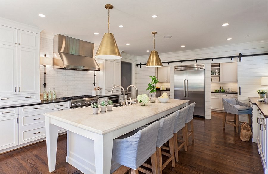 Hand-rubbed antique finish of the pendants steals the show here! [From: Jim Schmid Photography]