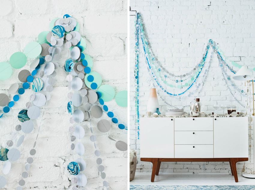 Holiday dot garland in shades of blue and grey