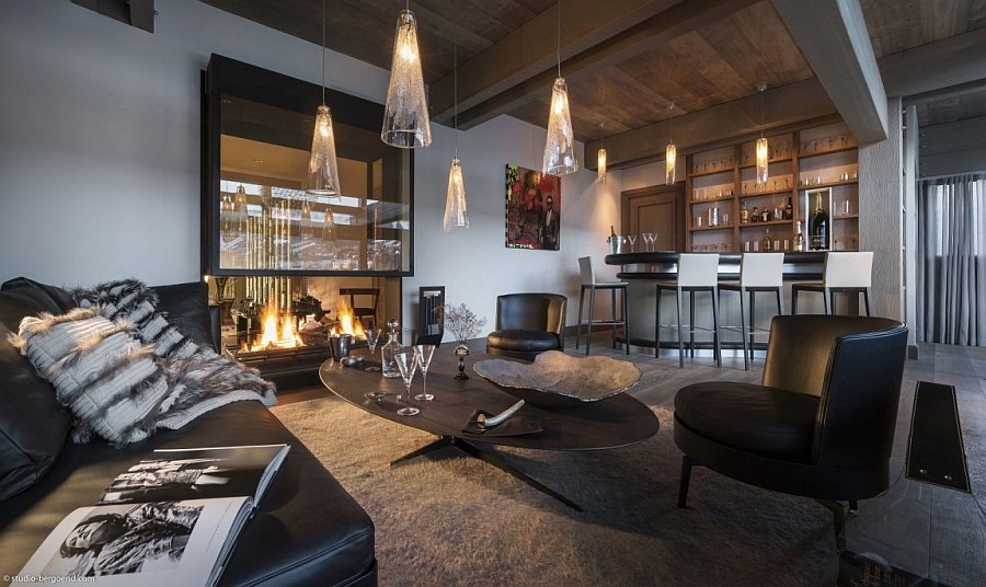 Home bar and fireplace in the lavish French Chalet