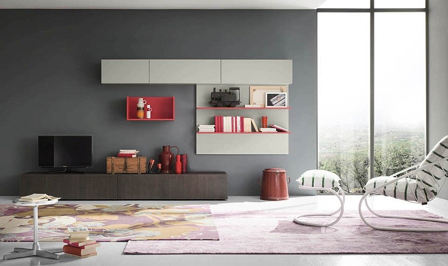 Hot pink enlivens the creative living room wall unit