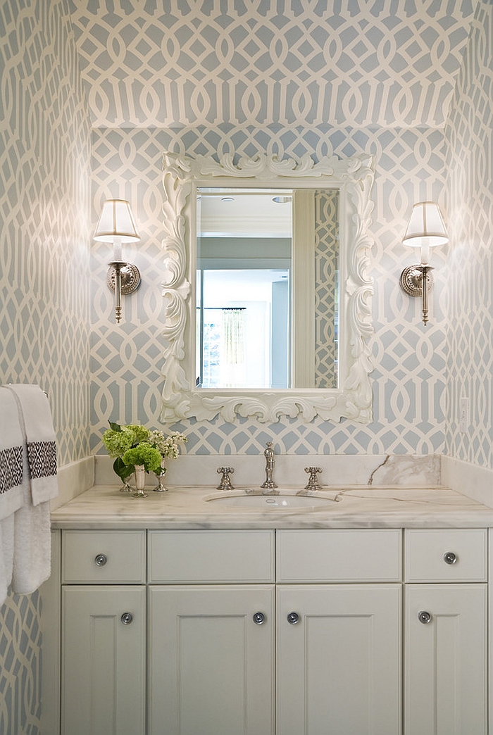 Imperial Trellis Wallpaper in the powder room [Design: Graciela Rutkowski Interiors]