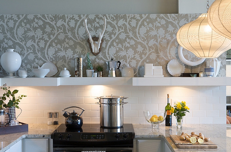 Interesting blend of tile and wallpaper in the kitchen