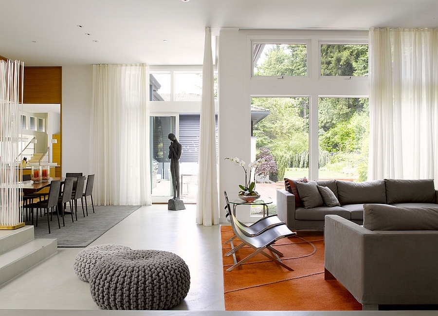 Interior with white sheer curtains and decor in gray