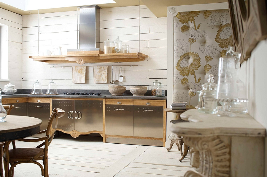 Kitchen cabinets in wood and satin-polished steel